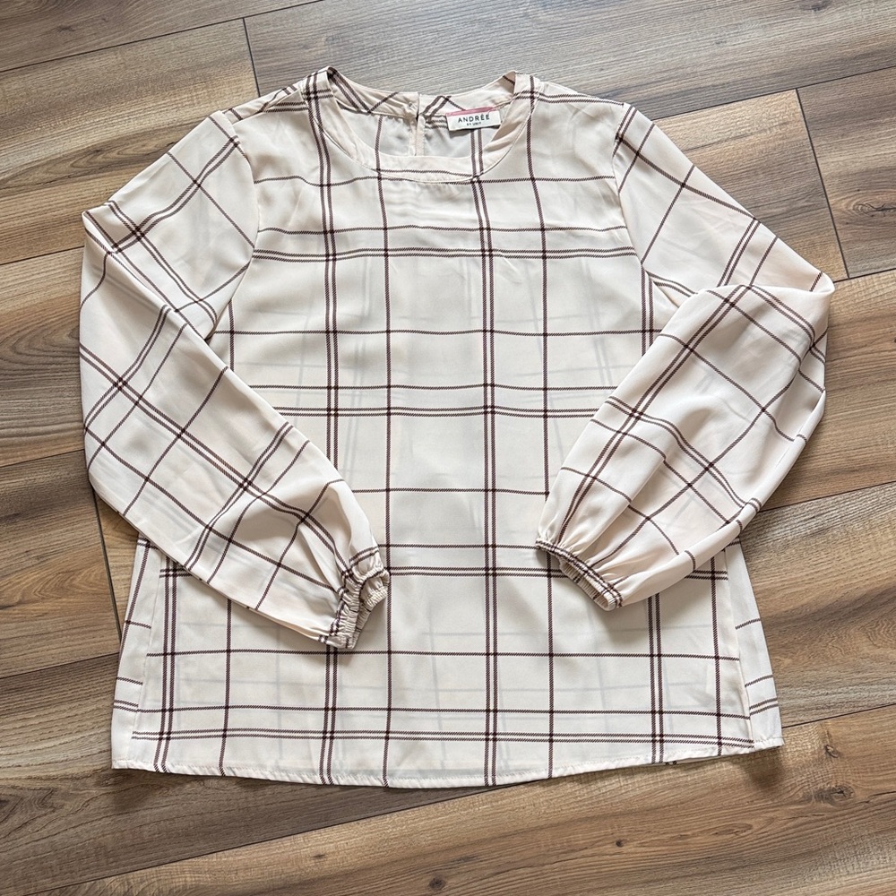 ANDREE BY UNIT Cream Windowpane Plaid Long Sleeve Blouse